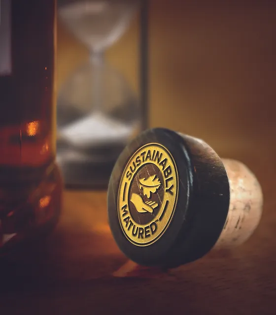Bottle cork with Sustainably Matured text on top.